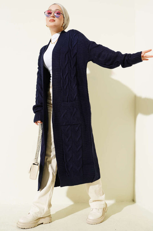 Long Knitted Cardigan with Pockets, Navy Blue