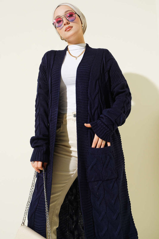 Long Knitted Cardigan with Pockets, Navy Blue