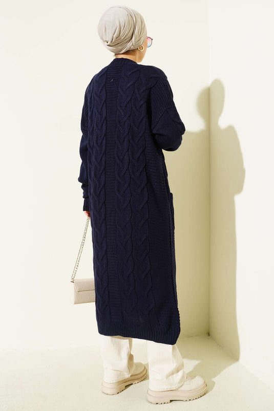 Long Knitted Cardigan with Pockets, Navy Blue