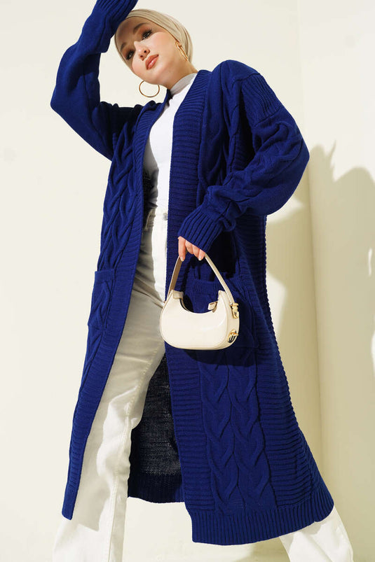 Cepli Örgü Desenli Uzun Hırka Parlement