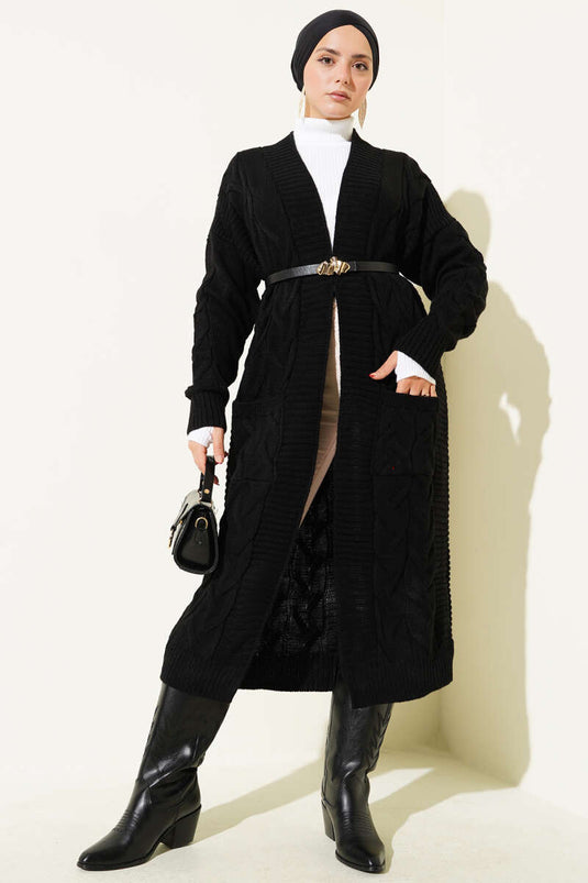 Cepli Örgü Desenli Uzun Hırka Siyah