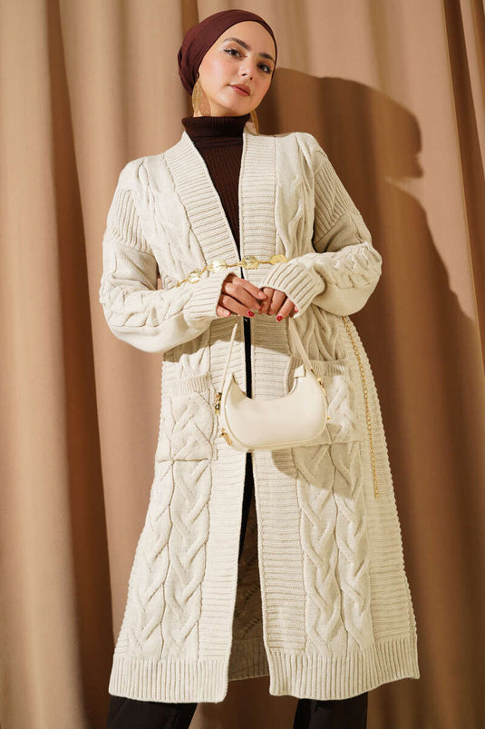 Cepli Örgü Desenli Uzun Hırka Taş