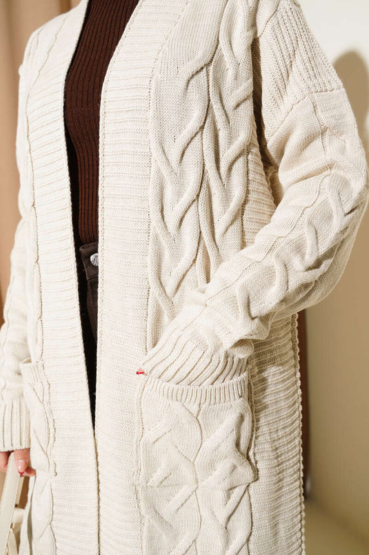 Cepli Örgü Desenli Uzun Hırka Taş