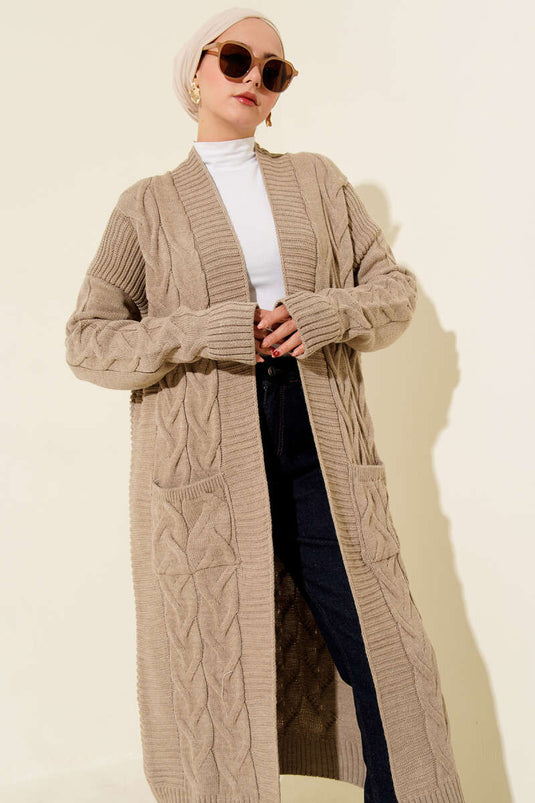 Knitted Patterned Long Mink Cardigan with Pockets