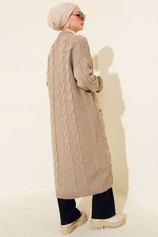 Knitted Patterned Long Mink Cardigan with Pockets