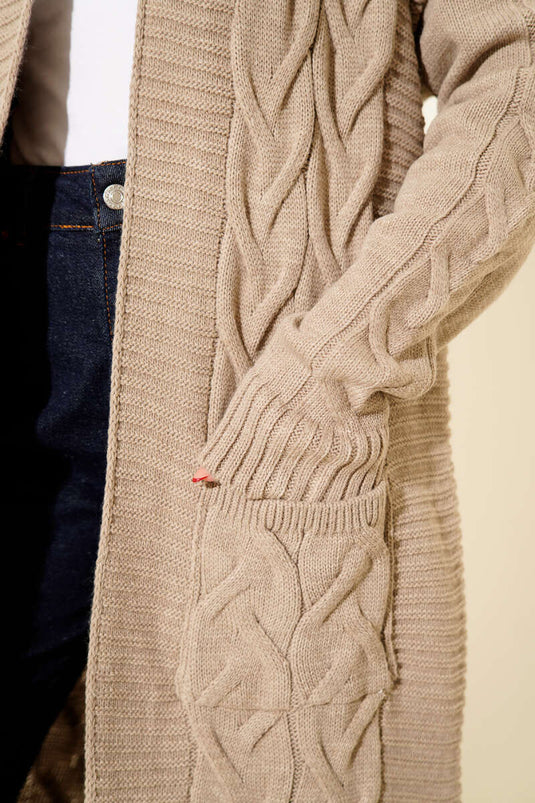 Knitted Patterned Long Mink Cardigan with Pockets