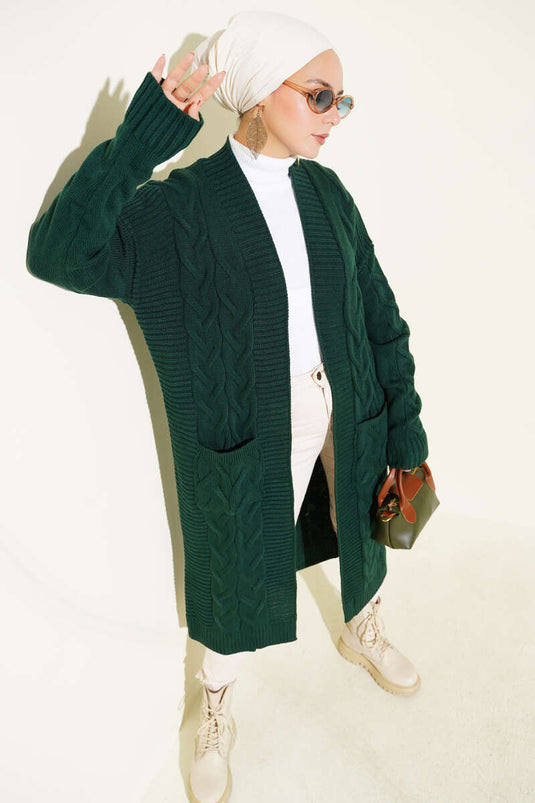 كارديجان طويل بجيوب ونقشة محبوكة، أخضر زمردي