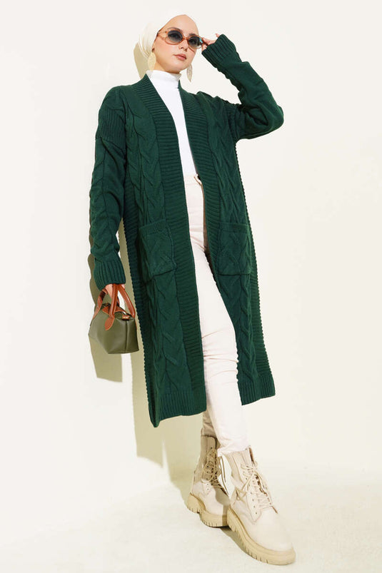 كارديجان طويل بجيوب ونقشة محبوكة، أخضر زمردي