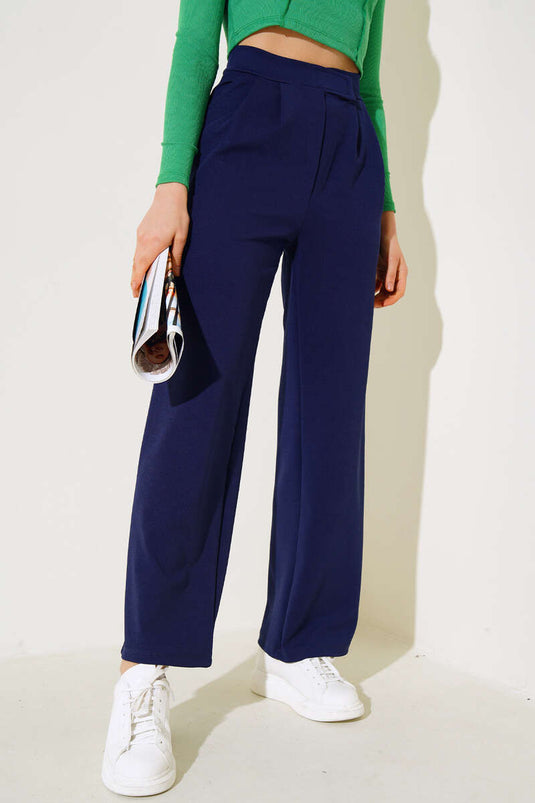 Pleated Casual Trousers with Pockets, Navy Blue