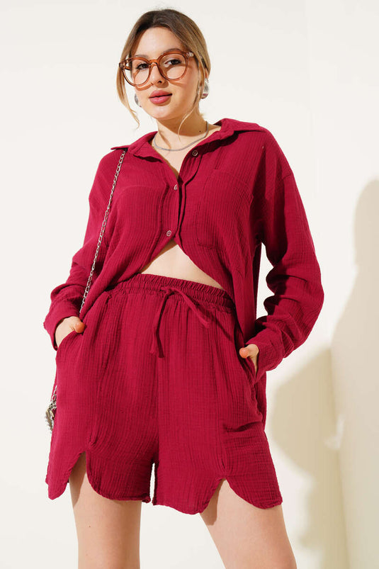 Cepli Şortlu Müslin İkili Takım Bordo