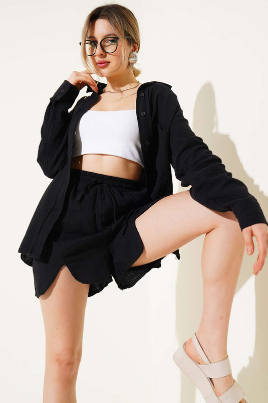 Cepli Şortlu Müslin İkili Takım Siyah