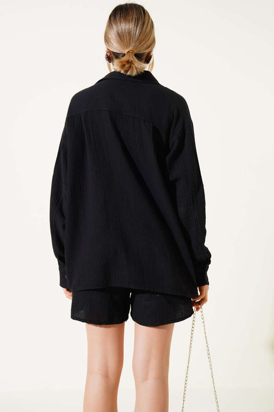 Cepli Şortlu Müslin İkili Takım Siyah