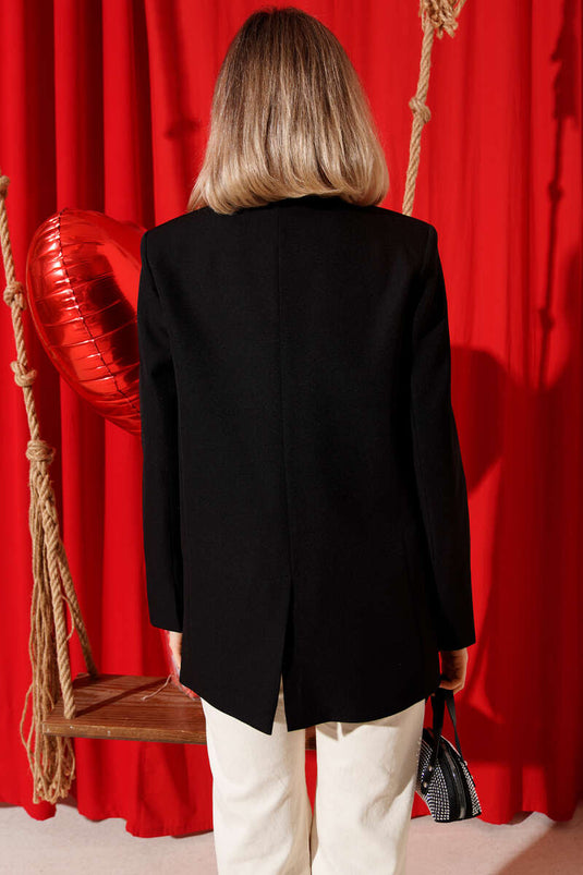 Single-Button Blazer Jacket with Pockets Black