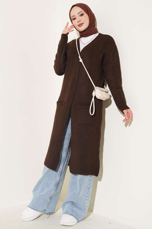 Cardigan Lungo Con Tasche In Marrone Piccante