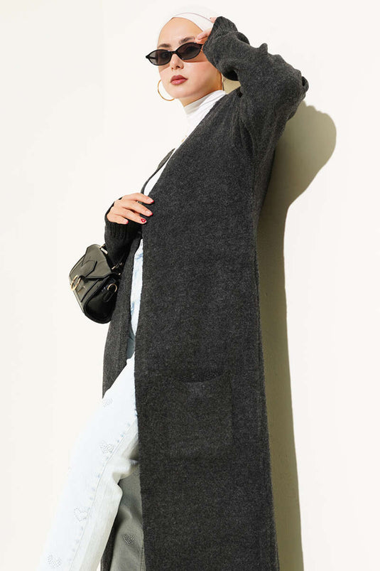 Langer Strickcardigan Mit Taschen, Anthrazit