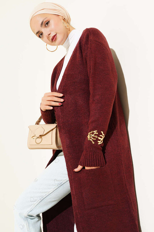 Langer Strickcardigan mit Taschen, bordeauxrot