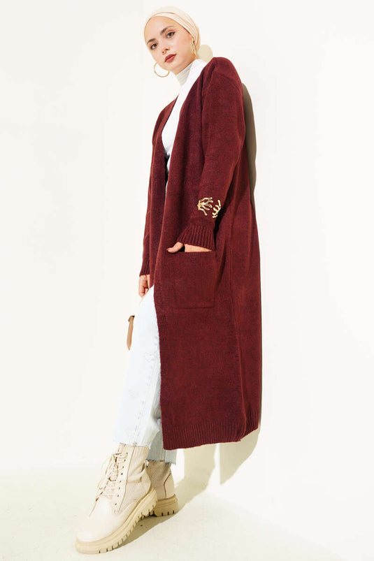Langer Strickcardigan mit Taschen, bordeauxrot