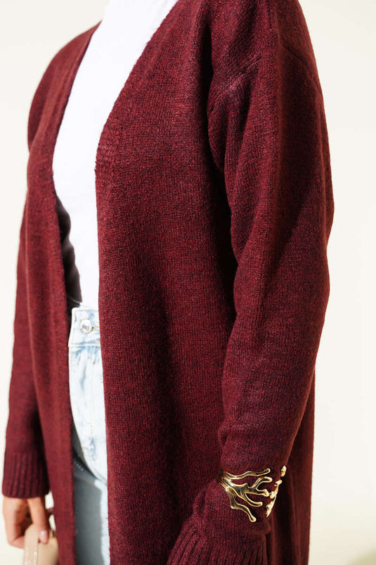 Langer Strickcardigan mit Taschen, bordeauxrot