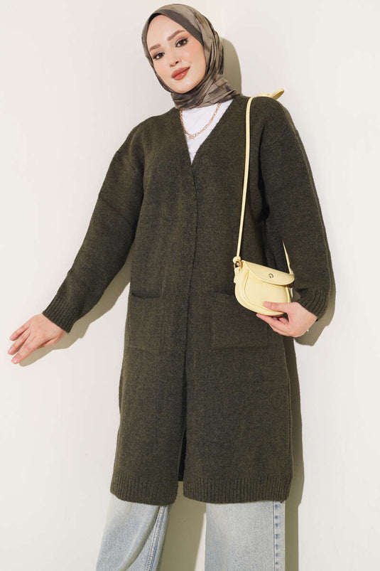 Cardigan Lungo In Maglia Con Tasche In Khaki