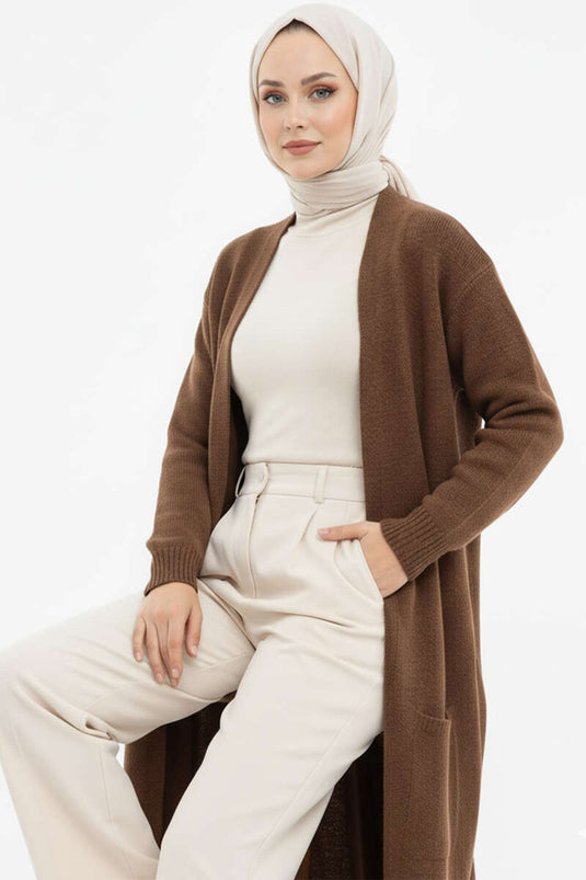 Long Knitted Cardigan with Pockets, Brown