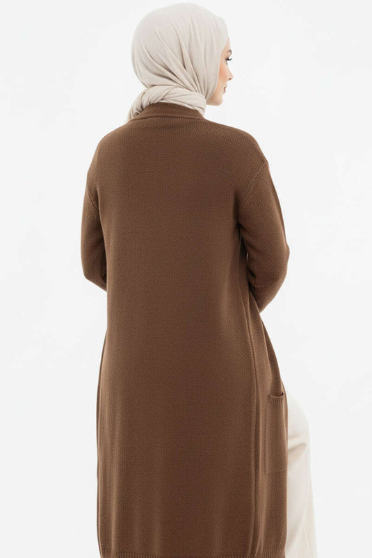 Long Knitted Cardigan with Pockets, Brown