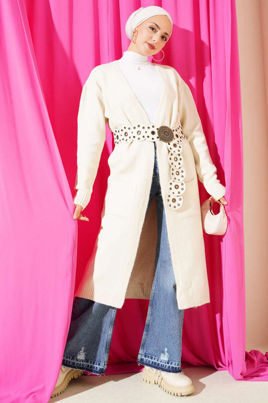 Cardigan Lungo In Maglia Con Tasche E Decorazioni