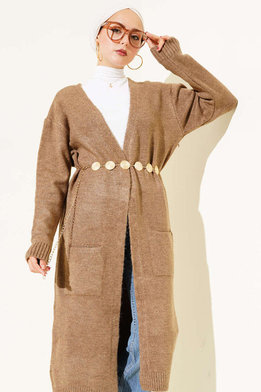 Cepli Uzun Triko Hırka Vizon