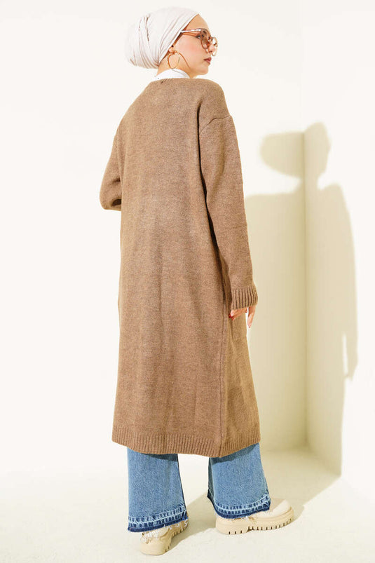 Cepli Uzun Triko Hırka Vizon