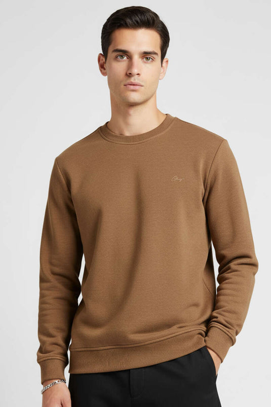 سويت شيرت رجالي مطرز بشعار التغيير، لون بني فاتح