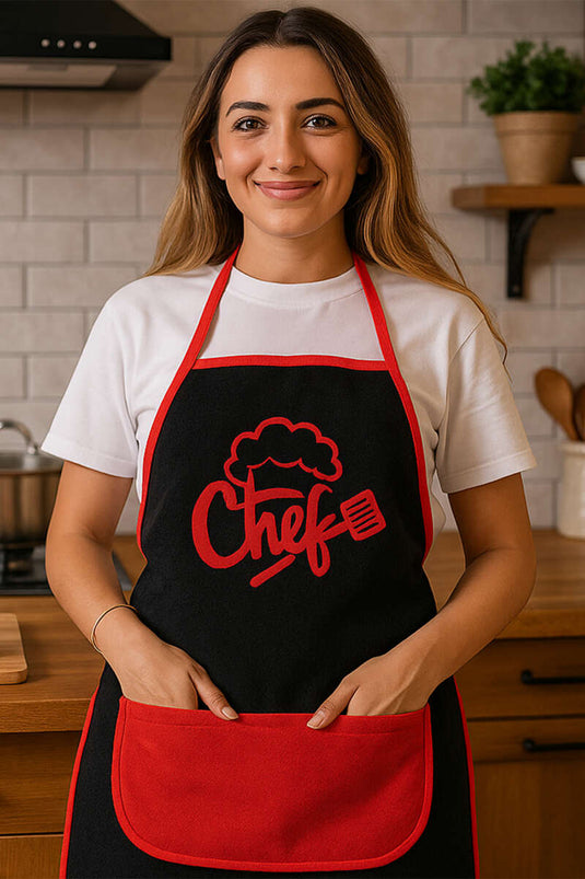 Keukenschort met chef-kokprint, zwart