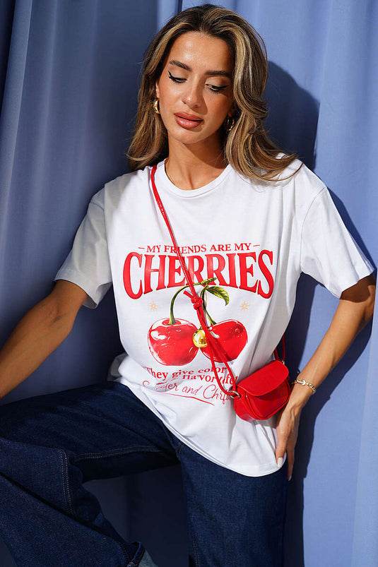 Cherries Baskılı Basic T-shirt Beyaz