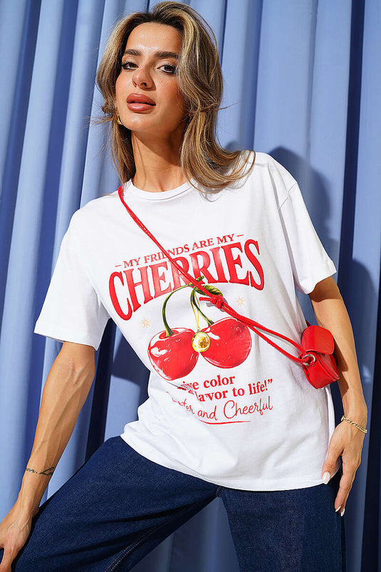 Cherries Baskılı Basic T-shirt Beyaz