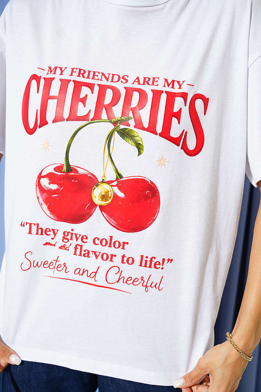 Cherries Baskılı Basic T-shirt Beyaz