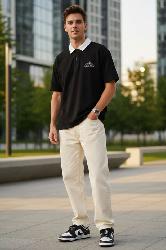 Chicago Nakışlı Polo Yaka T-shirt Siyah