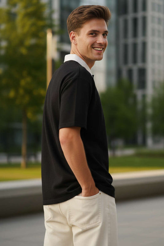 Chicago Nakışlı Polo Yaka T-shirt Siyah