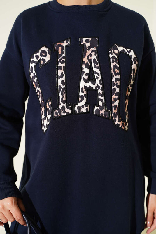 بدلة من قطعتين بثلاثة خيوط مطبوعة بنقشة جلد النمر باللون الأزرق الداكن