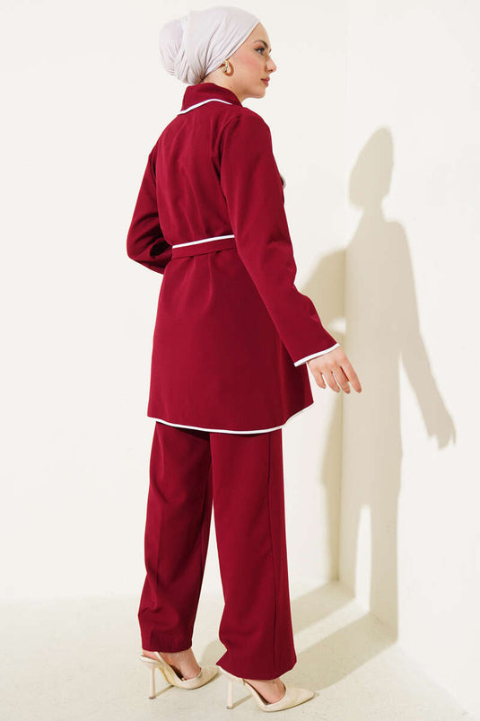 Çiçek Aksesuarlı Biyeli İkili Takım Bordo