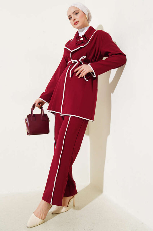 Çiçek Aksesuarlı Biyeli İkili Takım Bordo