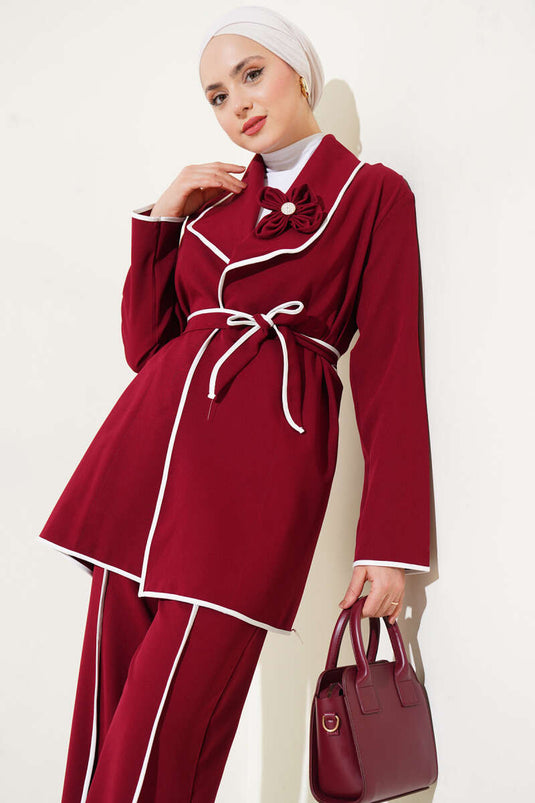 Çiçek Aksesuarlı Biyeli İkili Takım Bordo