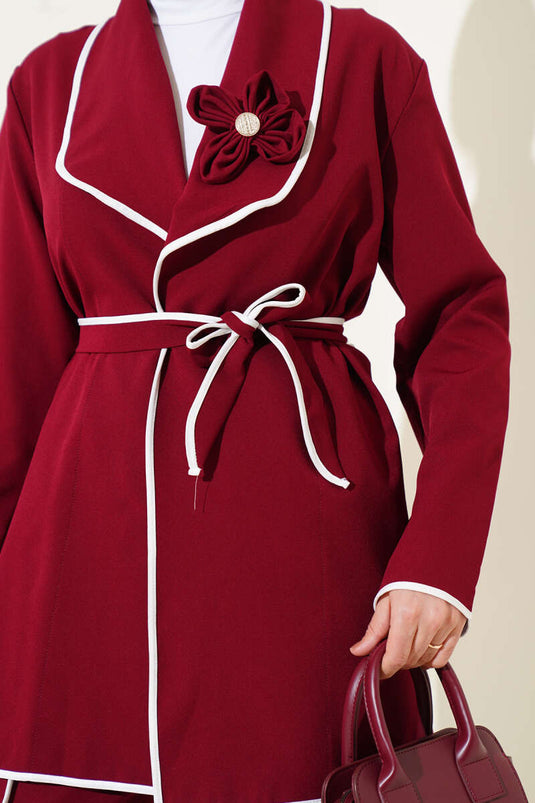 Çiçek Aksesuarlı Biyeli İkili Takım Bordo