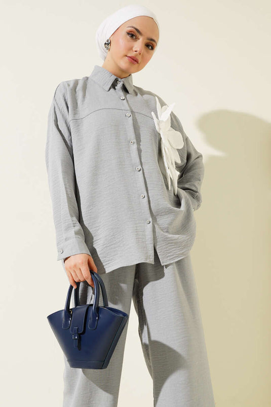 Florales Accessoire-Tunika-Zweiteiler-Set in Grau