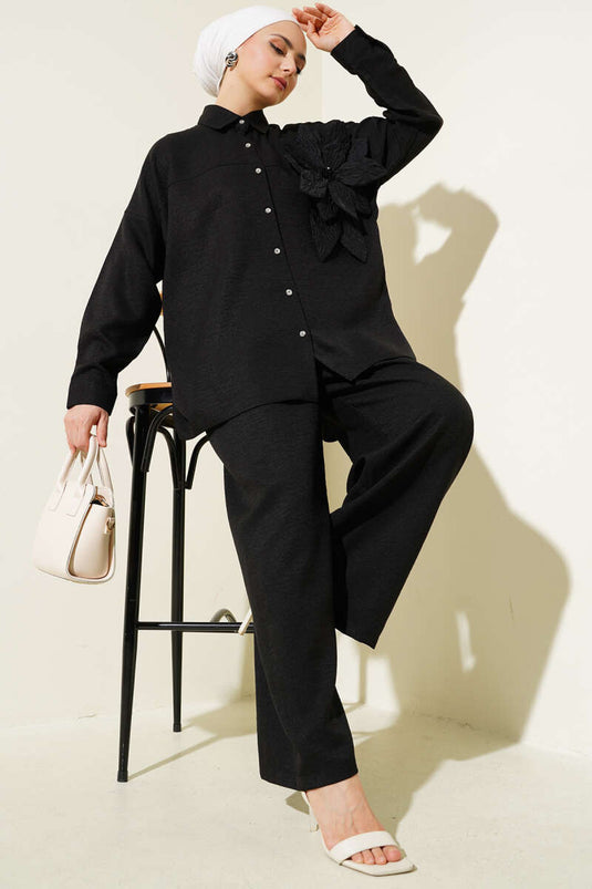 Çiçek Aksesuarlı Tunik İkili Takım Siyah