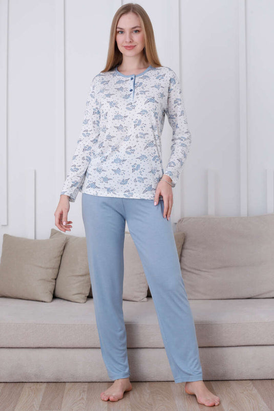 Floral Printed Buttoned Viscose Pajama Set Blue