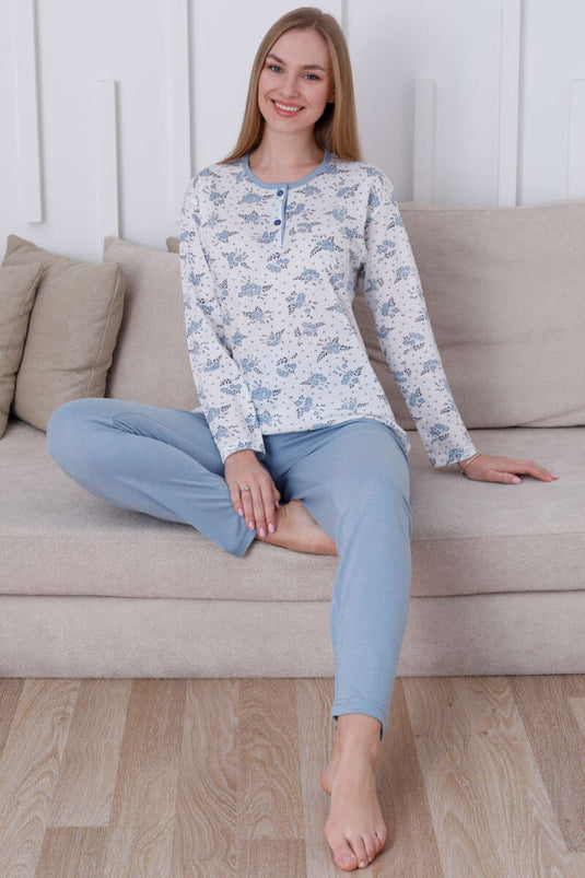 Floral Printed Buttoned Viscose Pajama Set Blue