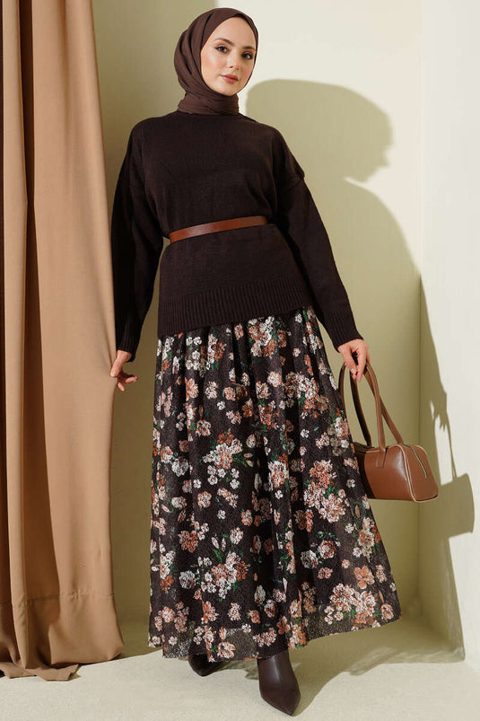 Gonna in pizzo con stampa floreale marrone