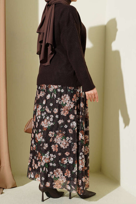 Gonna in pizzo con stampa floreale marrone