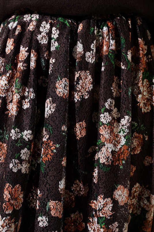 Gonna in pizzo con stampa floreale marrone