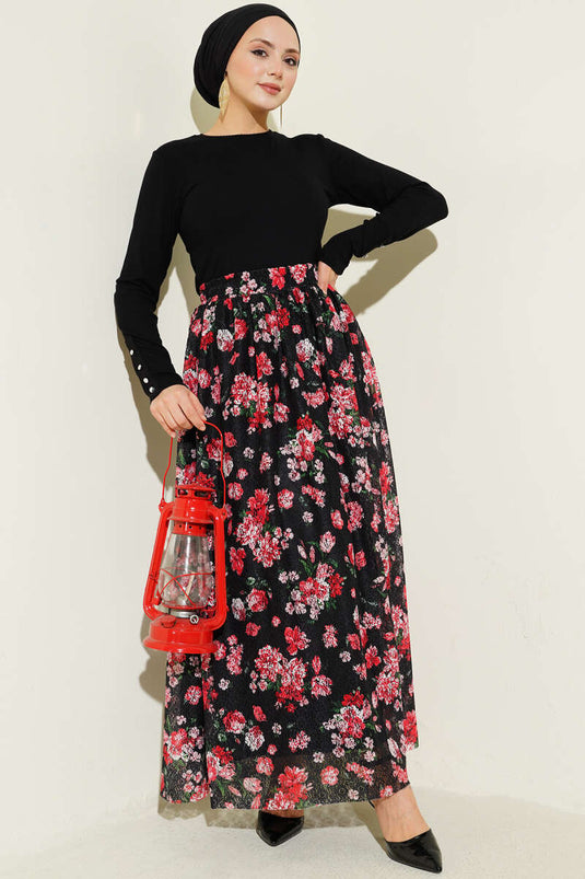 Jupe en dentelle à fleurs noire et rouge