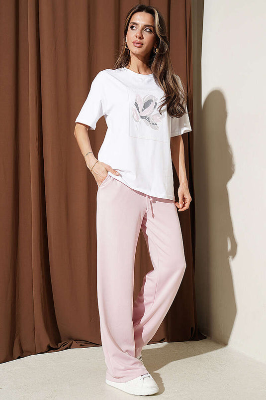 Çiçek Baskılı Loyşa T-shirt İkili Takım Pudra