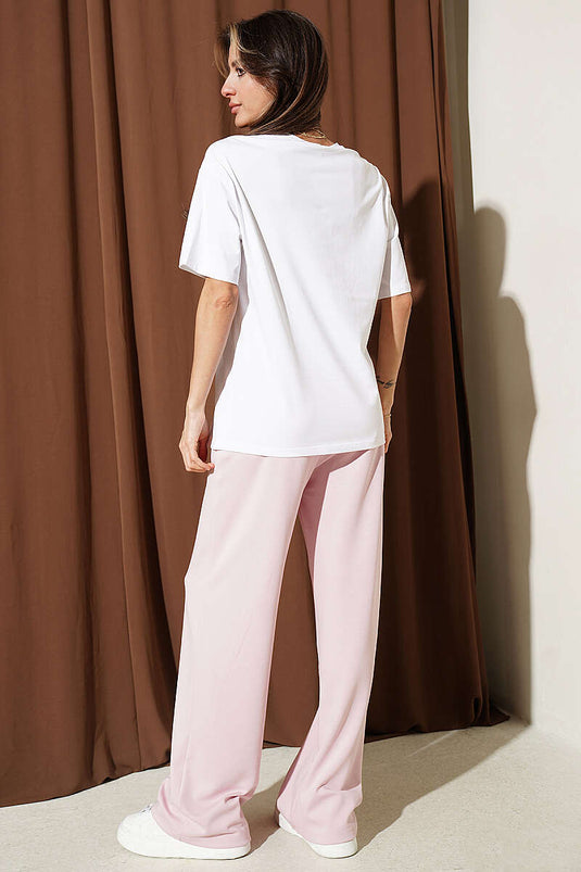 Floral Print Loyşa T-shirt Two-Piece Set in Powder Pink